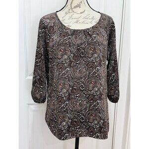 Ann Taylor Petite Sz L Brown Eastern Paisley Print Slinky Blouse Top 3/4 Sleeve